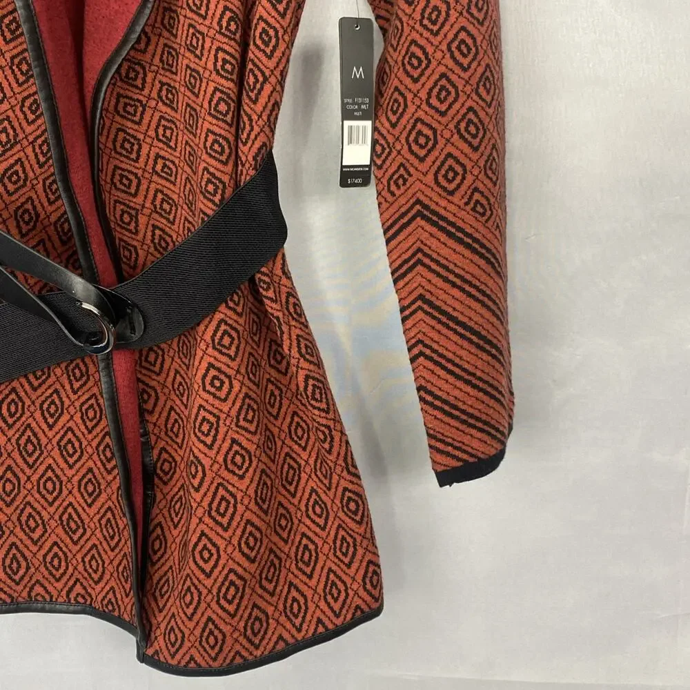 NWT NIC & ZOE Sweater M Cardigan Belted Long Geometric Faux Leather Asymmetric - Picture 5 of 14